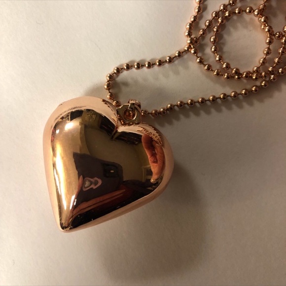 Rose Gold Puff Heart Long Necklace New - Picture 2 of 2